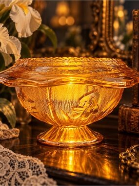 Vintage Jeannette Amber Iris & Herringbone Sherbet & Plate Fairy Lamp
